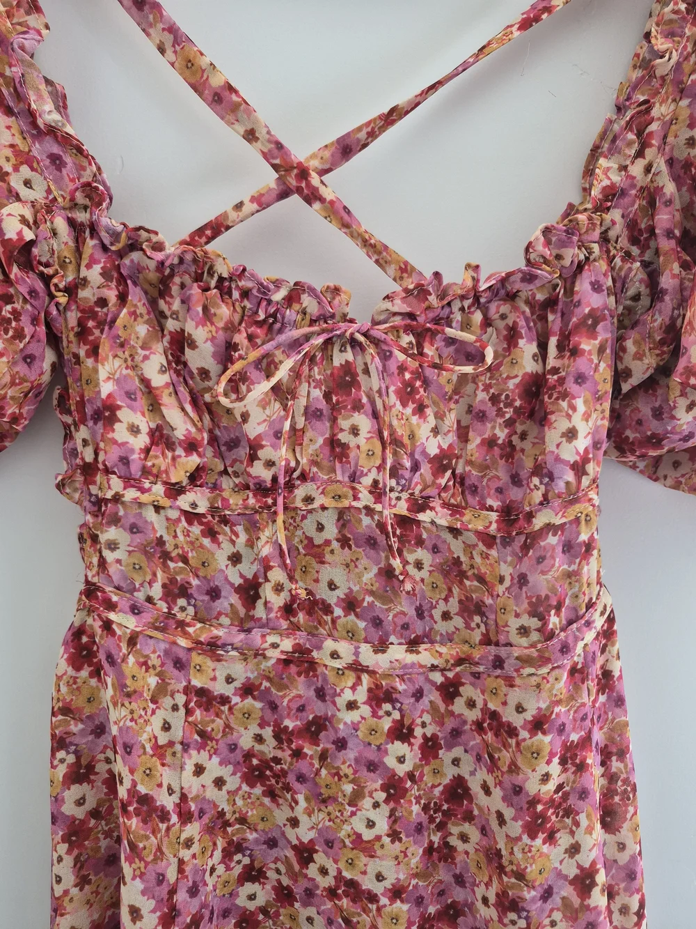 For Love & Lemons Felicia Pink Floral Puff Sleeve Midi Dress Slit Size Small S
